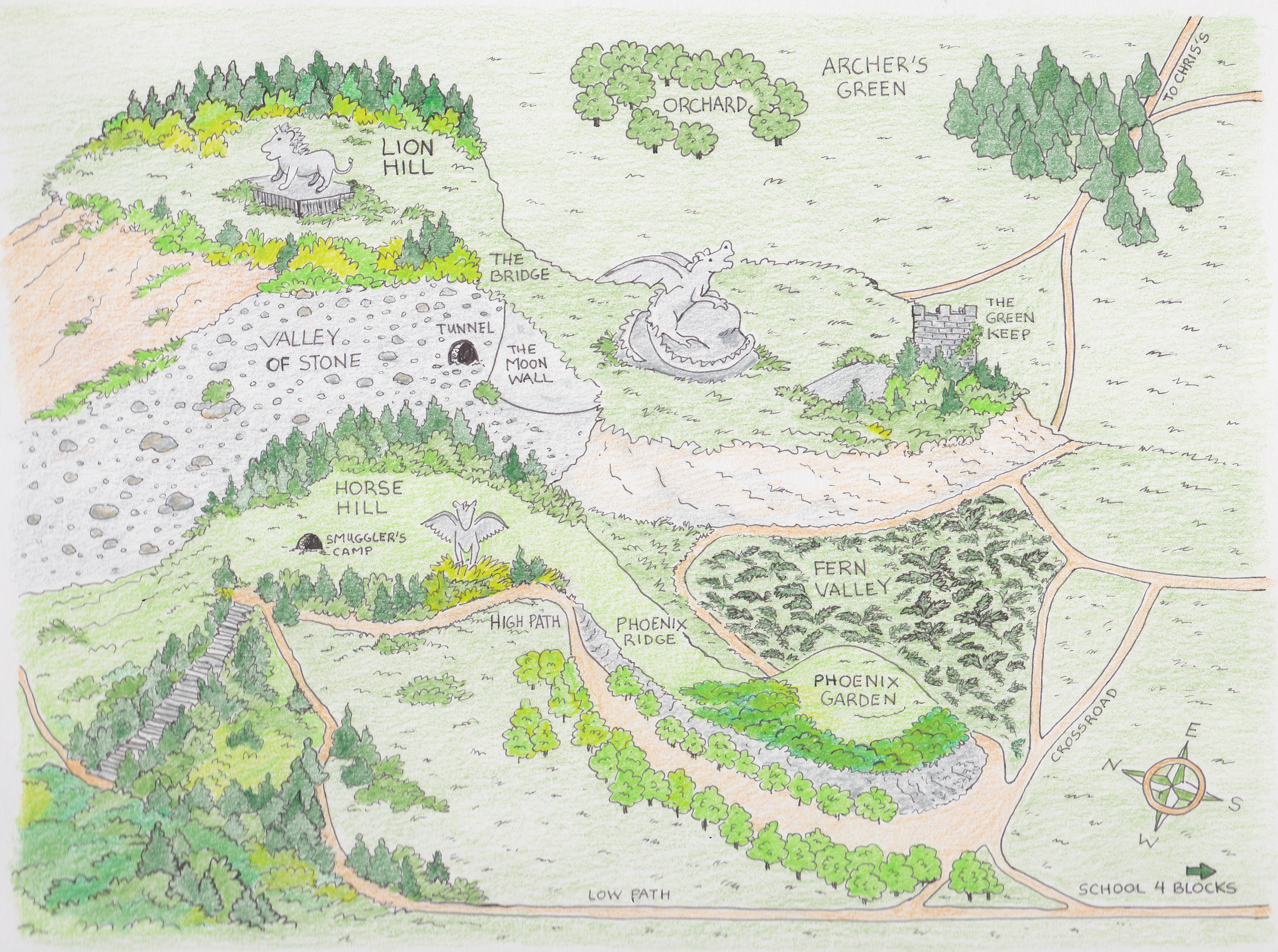 Hand-drawn map from 'East with the Dragon' by Keith Scheid, depicting a fictional landscape with labeled regions like Archer’s Green, Lion Hill, Horse Hill, Phoenix Ridge, Valley of Stone, and Fern Valley. Features include a steep-staired access, a compass rose, forested paths, statues of a mighty dragon, a lion and winged-horse, and a trail called High Path. The map evokes a mythic journey through varied terrain, designed to spark young readers' imagination.
